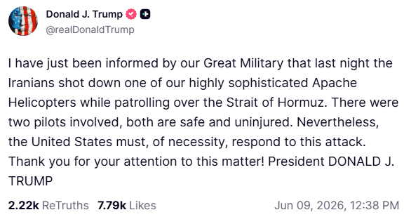 Trump Says US Helicopter Downed By Iran, Vows Response