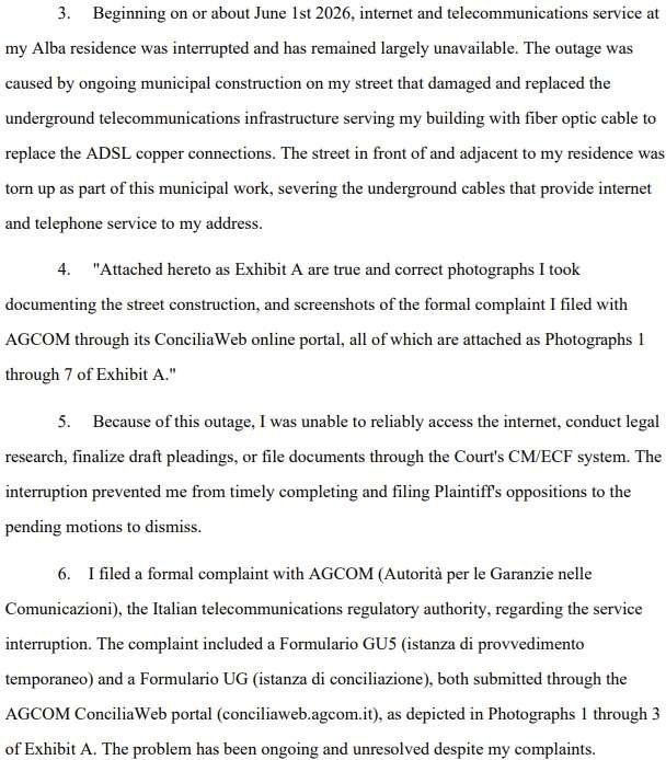Lawyer Argues He Missed Deadlines Because He’s in Piedmont, Italy, and His Internet Service Has Been out for a Month