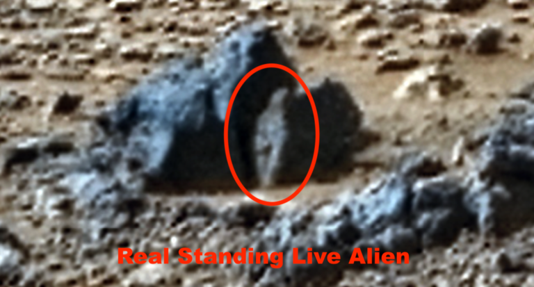 Bipedal Alien 8 inches tall standing on Mars watching rover in NASA photo, UFO UAP Sighting News.